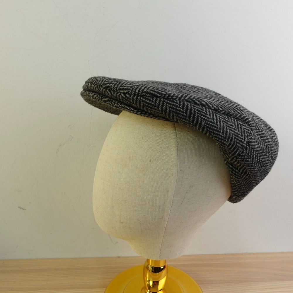 Vintage Stetson Herringbone Flat Cap Men L Black Tweed Ivy Cabbie Lined Duckbill